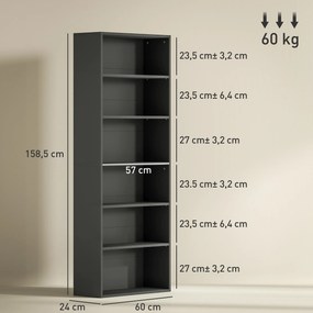 Estante de arrumação 60 x 24 x 158,5 cm com 6 níveis e prateleiras ajustáveis para sala de estar, quarto, escritório, preta