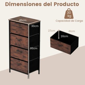 Cómoda com 4 gavetas em tecido com tampa de madeira 45 x 30 x 95 cm Puxadores fáceis de abrir e estrutura metálica Castanho Rústico + Preto