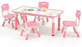 Conjunto de mesa para crianças e 4 cadeiras mesa regulável em altura com superfície de graffiti multifunções para arte e estudo Rosa