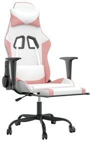 Cadeira gaming com apoio p/ pés couro artificial branco e rosa