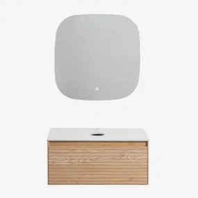 Conjunto De Móvel De Casa De Banho Suspenso Em Madeira De Freixo Tedrik Castanho Fresno & Sem Lavatório & Quadrado Led E Anti-embaciamento - Sklum