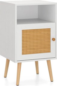 Mesa cabeçeira ou mesa Apoio com Estante Aberta e Porta Decorada em Rattan PE para Quarto Sala de Estar 40 x 39 x 70 cm Branco