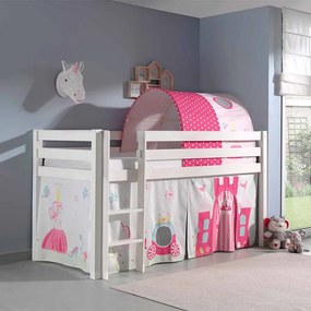 Conjunto Cama alta de Criança PINO 90 x 200 cm + estrado + escada + cortina + túnel Princesa Branca
