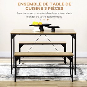 Conjunto de mesa de jantar e 2 bancos com estrutura em aço para 4 pessoas, para cozinha, sala de jantar e sala de estar, em tons naturais e pretos