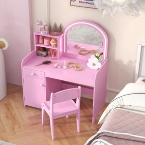 Conjunto de Toucador e cadeira para crianças com prateleira, gaveta e porta Luzes LED de 2 cores Espelho acrílico e pente rosa