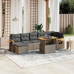 8 pcs conjunto sofás de jardim c/ almofadões vime PE cinzento