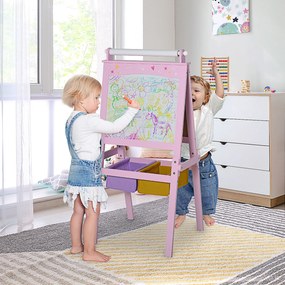 Cavalete Infantil 3 em 1 Cavalete de Arte para Crianças com Quadro Rolo de Papel e 2 Cestos 58,5x50,5x118 cm Rosa