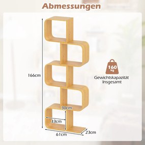 Estante em forma de S de bambu com 5 cubos abertos para sala, quarto, escritório 61 x 23 x 166 cm Natural