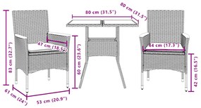 3 pcs conjunto jantar jardim c/ almofadões vime PE/vidro cinza