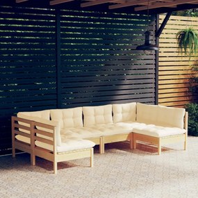 vidaXL 6 pcs conjunto lounge jardim c/ almofadões creme pinho maciço