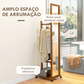 Espelho de Pé com Rodas Espelho de Corpo Inteiro com Barra para Pendurar Roupa e Prateleira 35,5x49,5x167,8 cm Nogueira