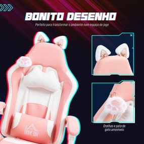 Cadeira Gaming com Orelhas Cadeira Gamer Reclinável com Altura Ajustável e Suporte Lombar 65x62x116-124 cm Rosa e Branco