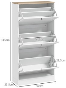 Móvel Sapateira de Entrada com 3 Gavetas Basculantes e Prateleiras Ajustáveis para 18 Pares de Sapatos 60x23,5x115 cm Branco