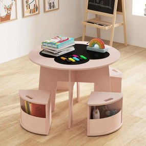 Conjunto de mesa e cadeira de 5 peças para crianças Mesa redonda empilhável para crianças com bancos de actividades Poupa espaço Rosa