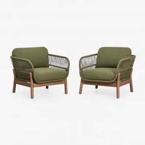 Pack De 2 Poltronas Em Madeira De Acácia E Corda Trançada Karvia Castanho Acácia & Bouclé Verde Sálvia - Sklum