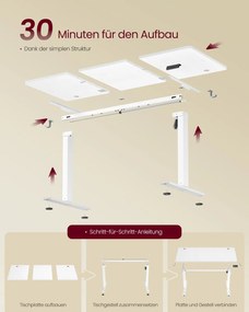 Secretária elétrica 140 x 60 x (72-120) cm com função de memória e 4 alturas, branca