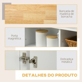 HOMCOM Ilha de Cozinha com Rodas Carrinho de Cozinha com Bancada de Madeira de Borracha Dobrável 2 Portas e Prateleiras Abertas 110x66x97 cm Branco e Madeira
