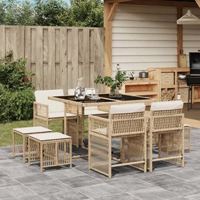vidaXL 9 pcs conjunto de jantar p/ jardim com almofadões vime PE bege