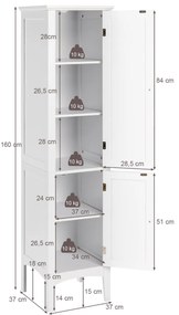 Armário de casa de banho alto com 5 níveis de arrumação estreito 37 x 37 x 160 cm Branco