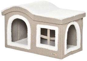 PawHut Casa Dobrável Felinos Grande Cavidade Tampa Removível Almofadas 2 Entradas Janela 63,5x37x40cm Bege