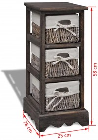 Estante de armazenamento de madeira com 3 cestos, castanho