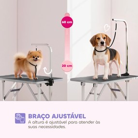 Mesa de Tosquia Dobrável para Cães com Tampo Antiderrapante e Braço Ajustável, 81 x 48,5 x 80 cm, Preta