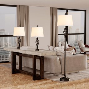 Conjunto de 2 Candeeiros de Mesa e Candeeiro de Pé com Ecrã de Tecido E27 Máx. 40W IP20 e Interruptor de Pé Candeeiros para Sala de Estar Dormitório Ø