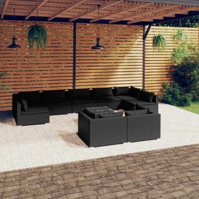vidaXL 10 pcs conjunto lounge de jardim c/ almofadões vime PE preto