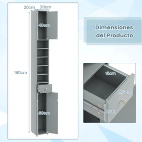 Armário de casa de banho alto e fino com gaveta e 5 armarios ajustáveis 20 x 20 x 180 cm Cinzento