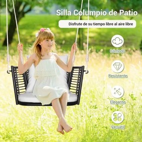 Baloiço jardim de metal para 1 pessoa com encosto em rattan tecido 2 cordas suspensas Almofadas de assento branco