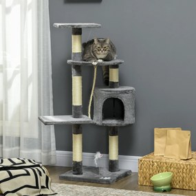 Arranhador para Gatos com 4 Níveis com Poste para Afiar as Garras Caverna Plataformas e Brinquedos 40x40x116 cm Cinzento Escuro