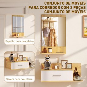 Conjunto de Móveis de Entrada de Parede com Espelho e Arrumação com Gaveta e 2 Prateleiras Abertas em Madeira Natural