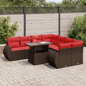 9 pcs conj. sofás jardim c/ almofadões vime PE/acácia castanho