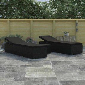 vidaXL Camas de Sol de Jardim 3 pcs Preto Rattan Sintético