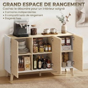 Armário de cozinha 120 L x 35 P x 73,5 A cm, móvel de arrumação de estilo nórdico, 3 portas com fecho suave, 6 compartimentos, cor madeira natural e b