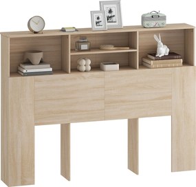 Cabeceira de cama com pés e arrumação, acessório de cama com 4 compartimentos abertos, 140 x 19 x 103,5 cm, efeito de madeira natural