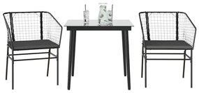 3 pcs conjunto jantar jardim almofadões vime PE vidro preto
