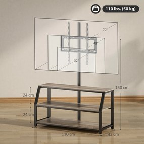 Móvel de televisão  110 x 43 x 150 cm, com suporte para televisores até 72 polegadas, com 2 prateleiras abertas, cinzento, preto