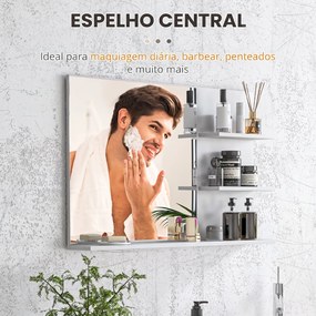 Espelho de Casa de Banho de Parede com 2 Prateleiras Laterais e Prateleira Inferior 75x10x48 cm Branco