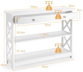 Mesa consola com 1 gaveta e 2 Prateleiras Mesa de entrada X-Design para Hall de entrada e corredor 100 x 30 x 80 cm Branco