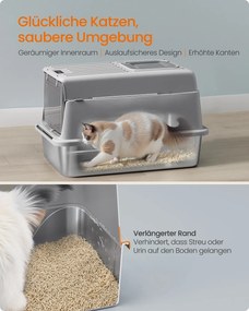 Caixa de areia para gatos 60 x 40 x 38 cm em aço inoxidável com tampa e acessórios, cinzento