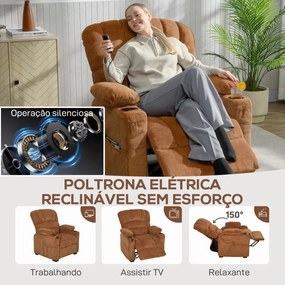 Poltrona Relax Reclinável Elétrica com Função Memória Apoia-Pés Controlo Remoto Bolsos Laterais Porta USB Porta-Copos Castanho