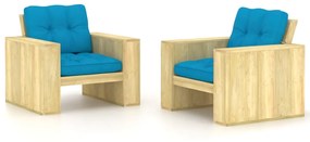 Cadeiras de jardim 2 pcs c/ almofadões azuis pinho impregnado