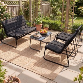 Conjunto de 4 Peças para Exterior: Sofá de 2 Lugares, 2 Cadeiras e Mesa de Centro, 75 x 44 x 41 cm, Almofadas Removíveis, Preto+Cinza