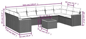 11 pcs conjunto sofás de jardim c/ almofadões vime PE preto