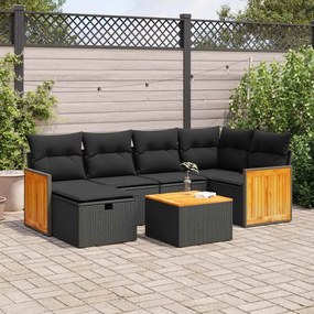 7 pcs conjunto de sofás p/ jardim c/ almofadões vime PE preto