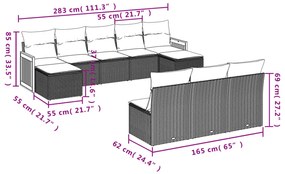 10 pcs conjunto sofás de jardim c/ almofadões vime PE cinzento