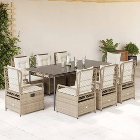 9 pcs conjunto de jantar p/ jardim com almofadões vime PE bege