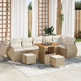 Conjunto de Sofá de Jardim de 9 Peças com Almofadas Bege Rattan Polipr