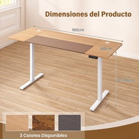 Secretária Elevatória Elétrica, 160 x 60 x 72-118 cm, 3 Alturas Memorizáveis, Natural